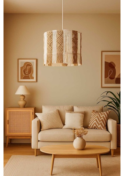 Ekru Makrome Avize, Şık ve Doğal Aydınlatma Seçeneği