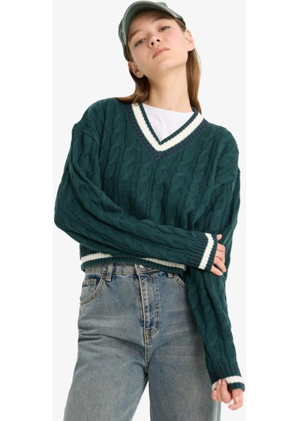 Coool Regular Fit V Yaka Saç Örgülü Triko Kazak C7321AX25WN fırsatları