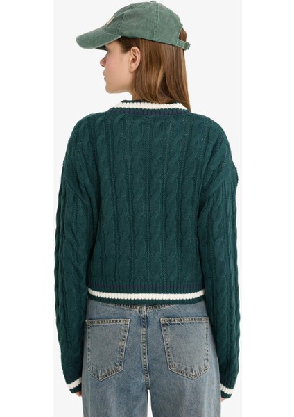 Coool Regular Fit V Yaka Saç Örgülü Triko Kazak C7321AX25WN