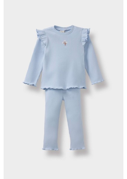 Kız Bebek 2'li Takım Çiçekli Uzun Kollu Fitilli Kaşkorse Tişört Tayt Y1122A225AU