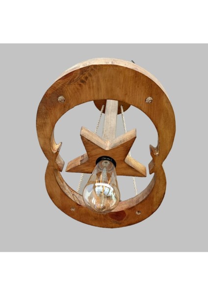 Kahverengi Ahşap Tekli Avize Ay Yıldız Tasarımı, Şık ve Modern Aydınlatma Ürünü