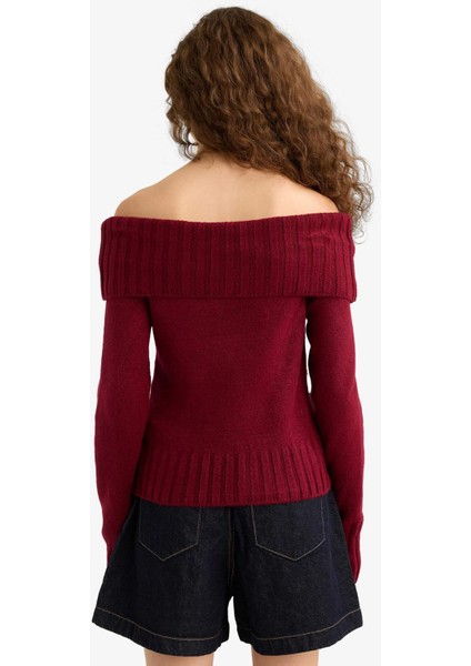 Slim Fit Dar Kesim Açık Omuz Triko Kazak E8345AX25WN