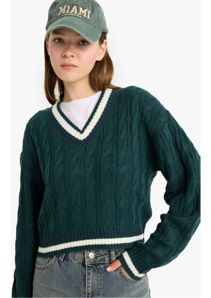 Regular Fit V Yaka Saç Örgülü Triko Kazak C7321AX25WN