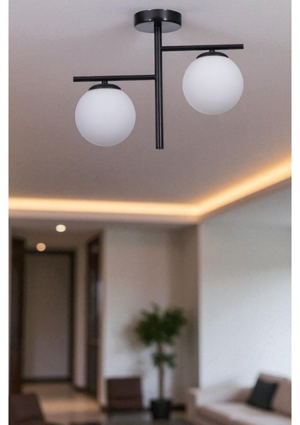 Şık Siyah Beyaz Camlı Plafonyer ve Avize Çift Takım