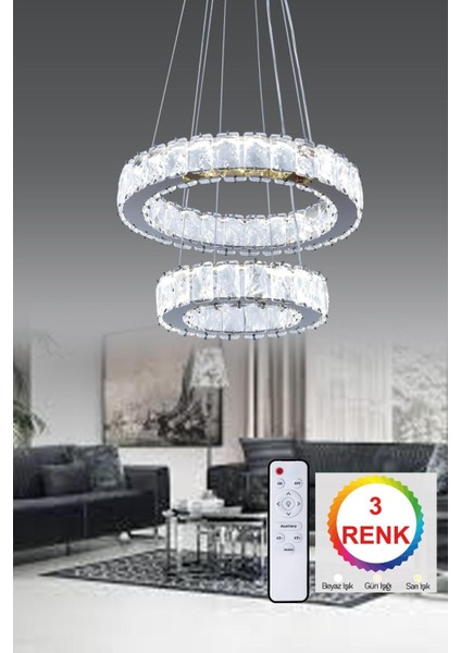 3 Renk Kumandalı Krom LED Avize, Sarı Beyaz ve Gün Işığı Işık Seçeneği