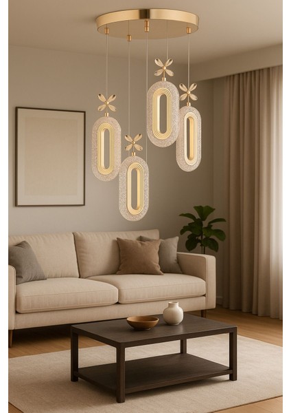 Altın Renkli Modern 4'lü Cam Sarkıt Avize Çiçek Motifli LED Uyumlu Tavan Aydınlatma
