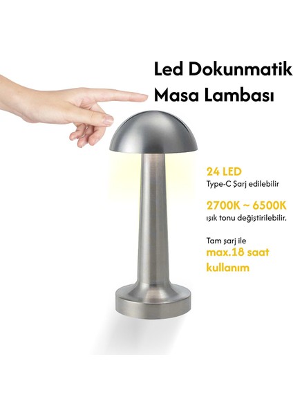 Şarjlı Dokunmatik Gümüş Mantar Masa Lambası, LED Dimer Ayarlı, Şık ve Fonksiyonel. fiyatları