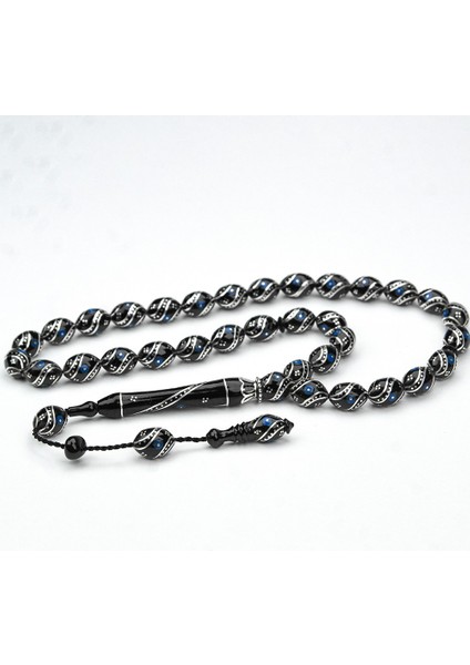 Oltu Taşı Çift Çeşm-I Bülbül Mavi Işlemeli Tespih