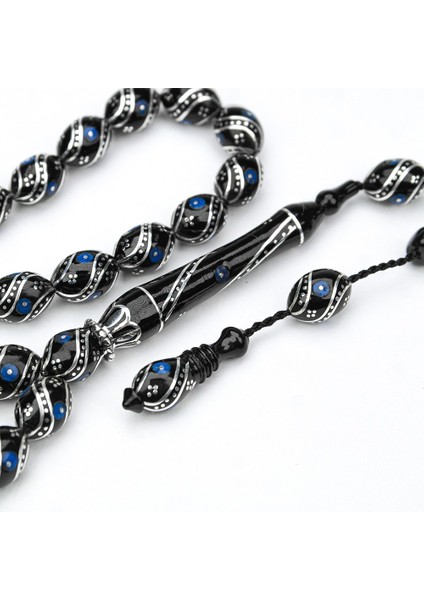 Oltu Taşı Çift Çeşm-I Bülbül Mavi Işlemeli Tespih indirimleri