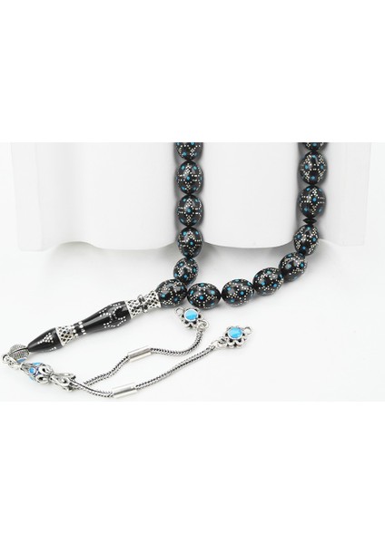 Kule Model Mavi Mine ve Gümüş Işlemeli Oltu Sıkması Tespih