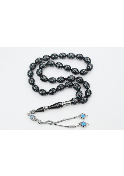 Kule Model Mavi Mine ve Gümüş Işlemeli Oltu Sıkması Tespih fiyatları