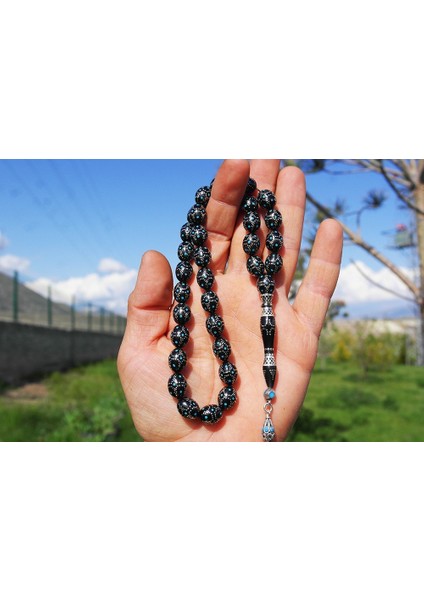 Kule Model Mavi Mine ve Gümüş Işlemeli Oltu Sıkması Tespih modelleri