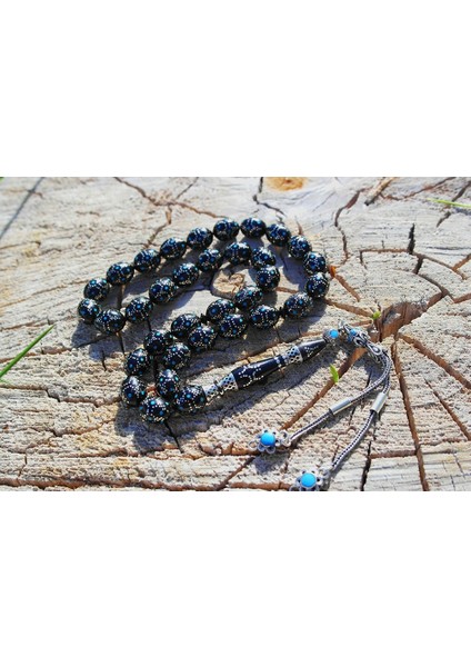 Kule Model Mavi Mine ve Gümüş Işlemeli Oltu Sıkması Tespih fırsatları