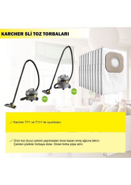 T 7/1 ve T 11/1 Uyumlu 5'li Toz Torbası Seti, Temizlik Için Ideal Seçim