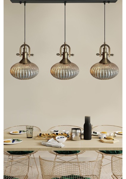 Bal Rengi Üçlü Cam Avize, Gemici Detaylı, Şık Sarkıt Lamba, Restoran ve Salon Aydınlatma