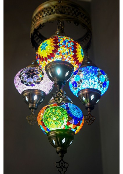 El Yapımı 4'lü Mozaik Avize, Salon, Bahçe, Mutfak ve Balkon Için Şık Aydınlatma.