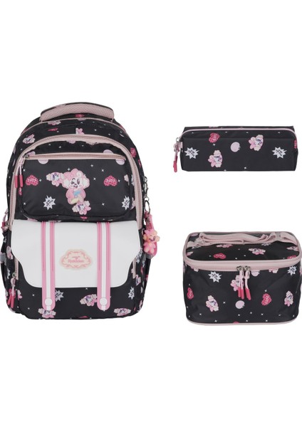 Kore Tarzı Siyah Pembe Desenli Kız Çocuk Ilkokul Çantası Seti 3'lü Set Beslenme Çantası, Kalemlik fiyatları