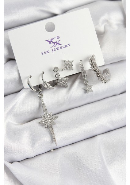 Pirinç Zirkon Taşlı Kutup Yıldızı Model Gümüş Renk 3'lü Çift Kadın Küpe - TJ-BKP10950