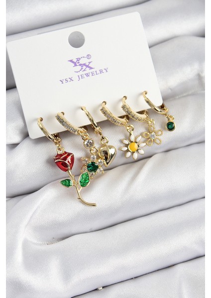 Pirinç Zirkon Taşlı Gül ve Papatya Model Gold Renk 3'lü Çift Kadın Küpe - TJ-BKP10957