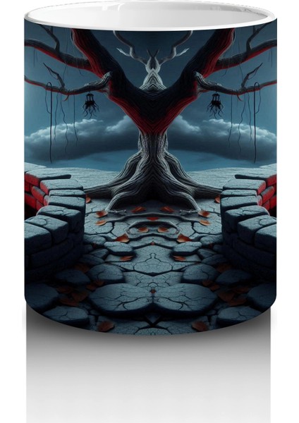 Loş Işıklı Gotik Koridorda Korku Temalı Cadılar Bayramı Baskılı Kupa Bardak modelleri