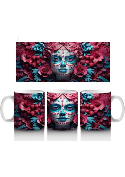 Çift Renk Çiçekler Arasında Buz Makyajlı Yüz – Hediyelik Kahve Kupası