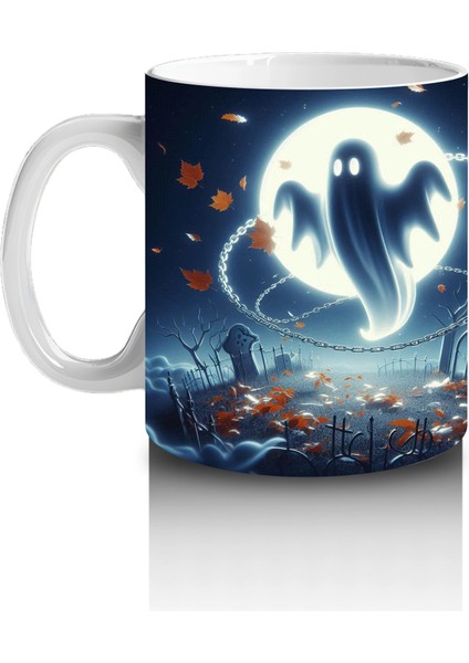 Dolunay Önünde Uçan Hayalet Figürlü Gotik Cadılar Bayramı Baskılı Kupa Bardak fiyatları