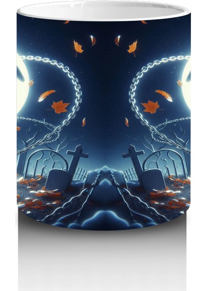 Dolunay Önünde Uçan Hayalet Figürlü Gotik Cadılar Bayramı Baskılı Kupa Bardak modelleri