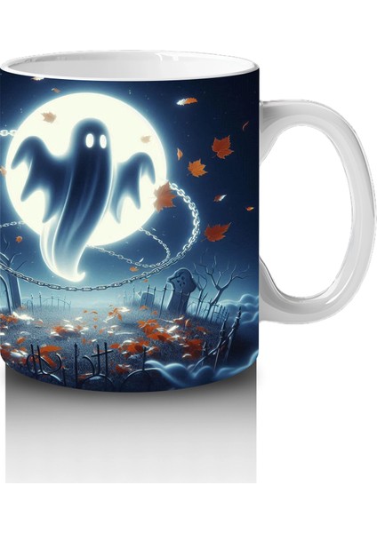 Dolunay Önünde Uçan Hayalet Figürlü Gotik Cadılar Bayramı Baskılı Kupa Bardak fırsatları