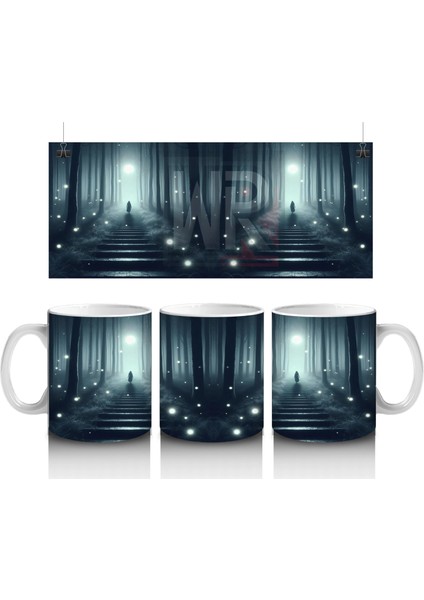 Loş Işıklı Uzun Koridorda Gotik Korku Temalı Cadılar Bayramı Baskılı Kupa Bardak