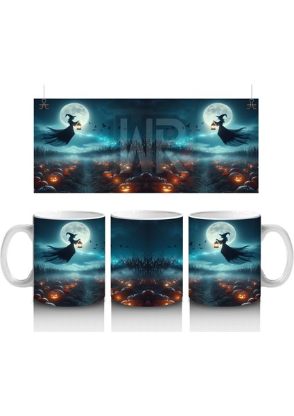 Ay Işığında Süpürgeye Binen Cadı Figürlü Mistik Cadılar Bayramı Baskılı Kupa Bardak