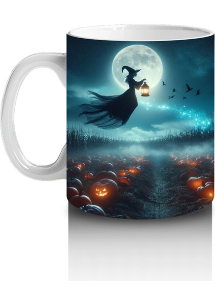 Ay Işığında Süpürgeye Binen Cadı Figürlü Mistik Cadılar Bayramı Baskılı Kupa Bardak fiyatları