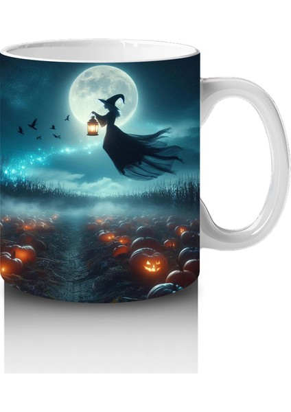 Ay Işığında Süpürgeye Binen Cadı Figürlü Mistik Cadılar Bayramı Baskılı Kupa Bardak fırsatları