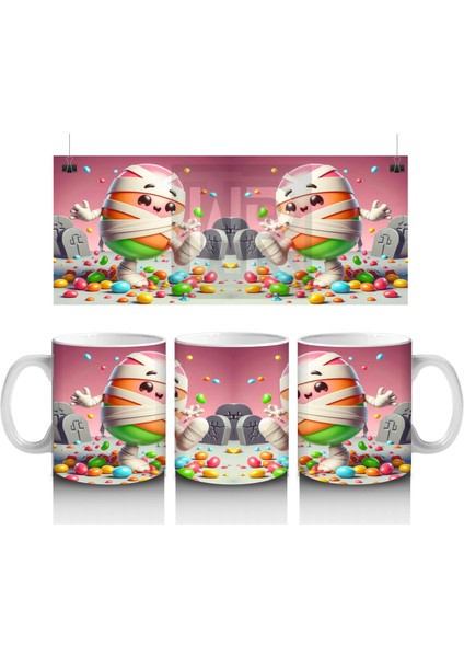 Yumurta Kafalı Canavar Figürlü Pembe Cadılar Bayramı Baskılı Kupa