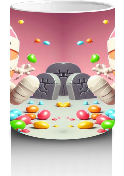 Yumurta Kafalı Canavar Figürlü Pembe Cadılar Bayramı Baskılı Kupa modelleri