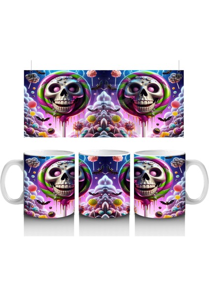 Neon Gözlü Maskeli Canavar Figürlü Renkli Cadılar Bayramı Baskılı Kupa Bardak