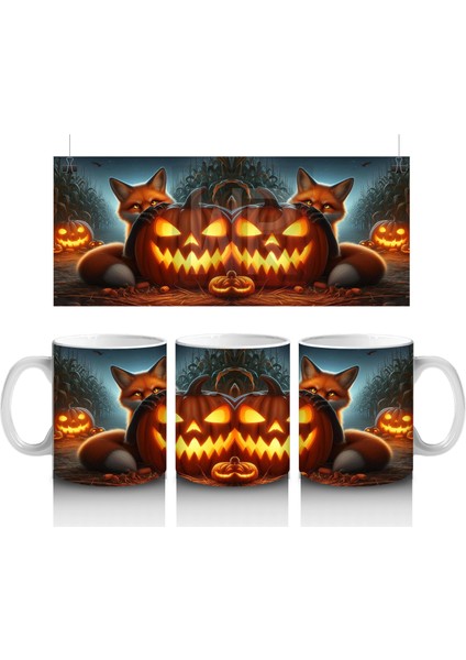 Alevli Gözleriyle Gülümseyen Balkabağı Figürlü Korku Temalı Cadılar Bayramı Baskılı Kupa Bardak