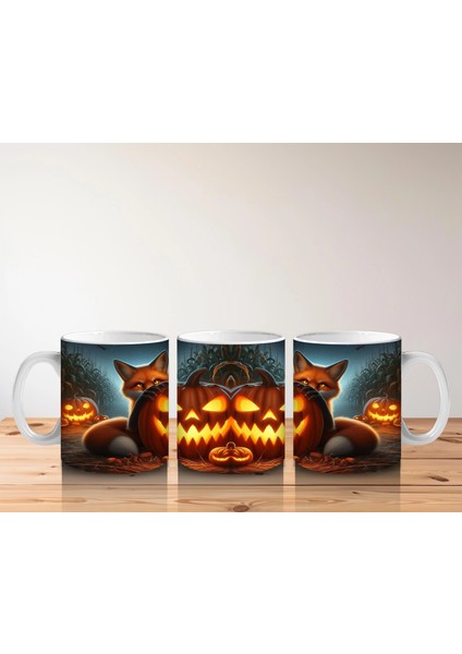 Alevli Gözleriyle Gülümseyen Balkabağı Figürlü Korku Temalı Cadılar Bayramı Baskılı Kupa Bardak indirimleri