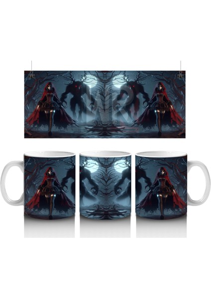 Kırmızı Pelerinli Silüet Figürlü Sisli Gece Temalı Gotik Cadılar Bayramı Baskılı Kupa Bardak