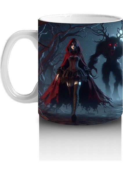 Kırmızı Pelerinli Silüet Figürlü Sisli Gece Temalı Gotik Cadılar Bayramı Baskılı Kupa Bardak fiyatları