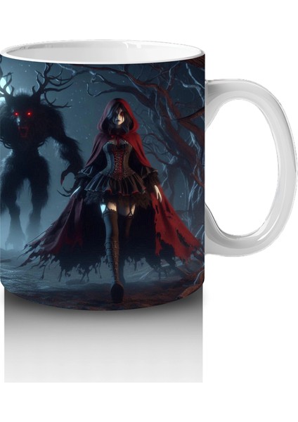 Kırmızı Pelerinli Silüet Figürlü Sisli Gece Temalı Gotik Cadılar Bayramı Baskılı Kupa Bardak fırsatları