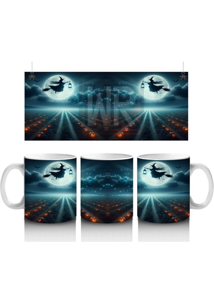 Dolunay Önünde Dev Göz Figürüyle Gotik Korku Temalı Cadılar Bayramı Baskılı Kupa