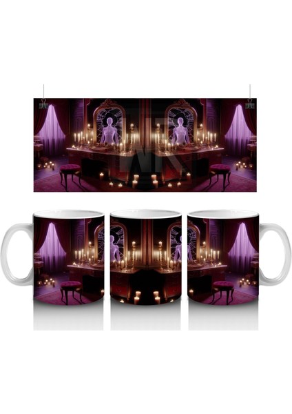 Gotik Şamdanlı Saray Salonunda Cadı Ayini Temalı Cadılar Bayramı Baskılı Kupa Bardak