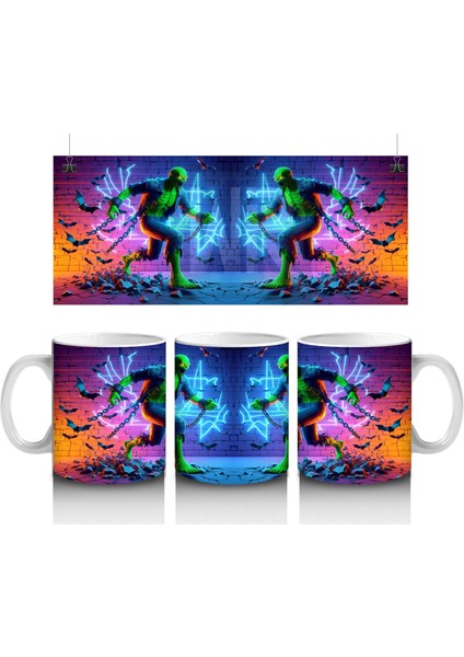 Neon Işıklarla Dans Eden Canavar Figürlü Eğlenceli Cadılar Bayramı Baskılı Kupa Bardak