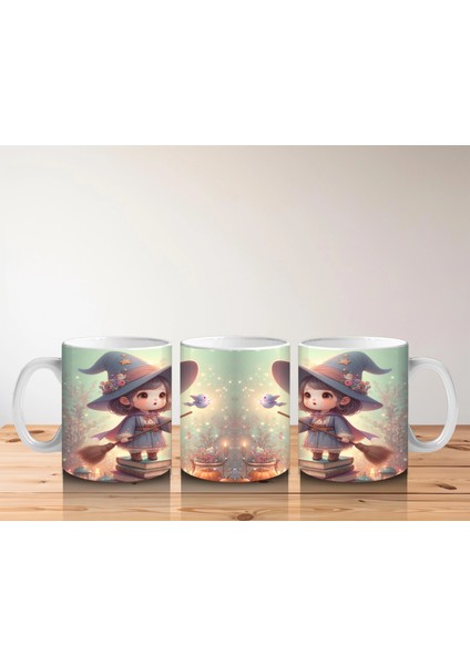Büyü Kitabı Tutan Sevimli Cadı Kız Figürlü Çocuklara Özel Cadılar Bayramı Baskılı Kupa Bardak indirimleri