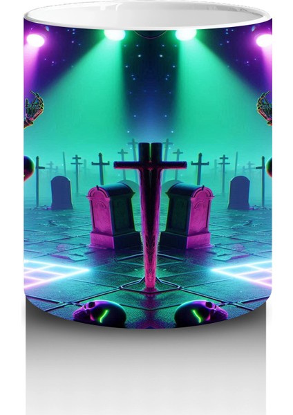 Neon Işıklar Altında Dans Eden Cadılar Figürlü Eğlenceli Cadılar Bayramı Baskılı Kupa modelleri