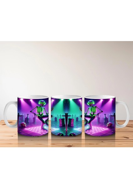 Neon Işıklar Altında Dans Eden Cadılar Figürlü Eğlenceli Cadılar Bayramı Baskılı Kupa indirimleri