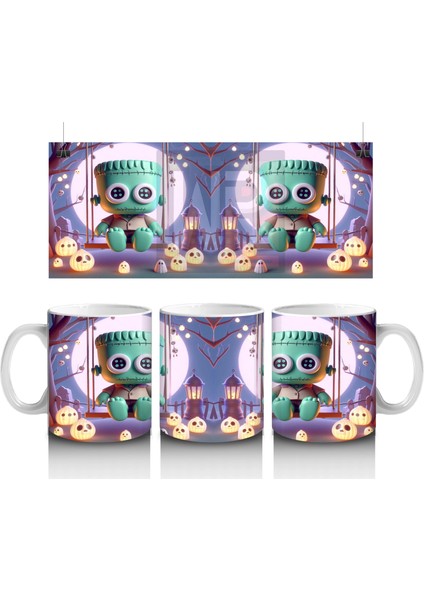 Ay Işığında Şeker Sepetli Zombi Çocuk Figürlü Eğlenceli Cadılar Bayramı Baskılı Kupa Bardak