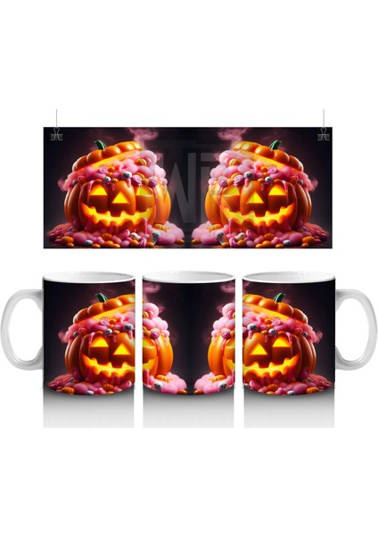 Alevli Gözlerle Gülümseyen Korkunç Balkabakları Temalı Cadılar Bayramı Baskılı Kupa