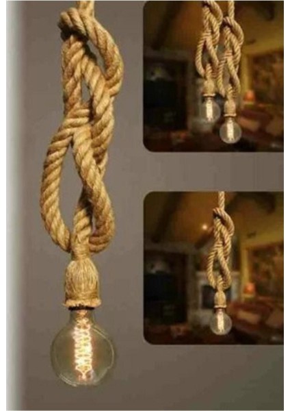 Rustik Jüt Halatlı Sarkıt Avize, Retro Tasarım, 150 Cm, 22 Mm, Şık ve Doğal Aydınlatma