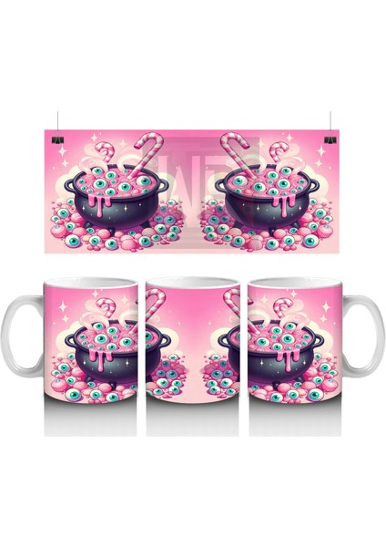 Pembe Arka Plan Üzerinde Şeker Dolu Cadı Kazanı Figürlü Cadılar Bayramı Baskılı Kupa Bardak